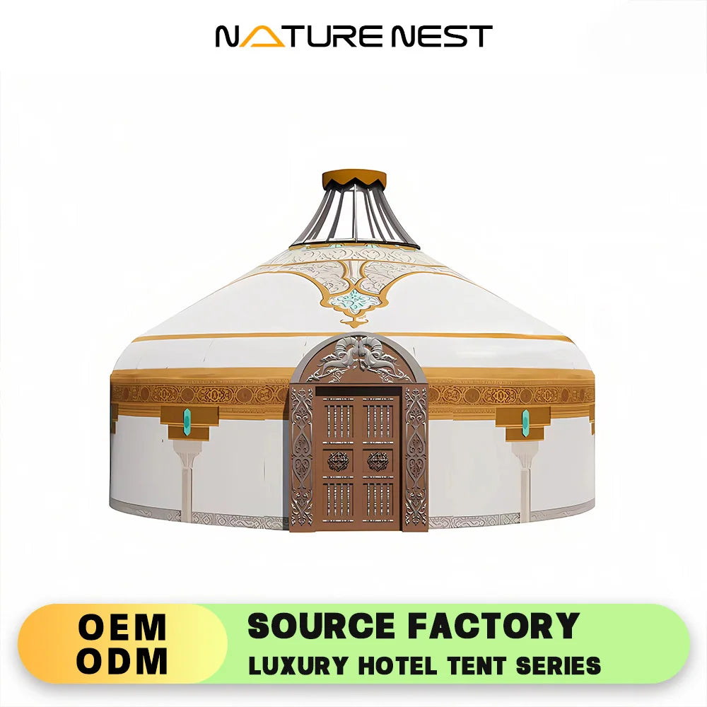 2024 Large New Yurt Tents Double Slope Steel Bamboo Mongolian Glamping Yurt Water Resistant PVC Farmhouse Restaurant Barbecue