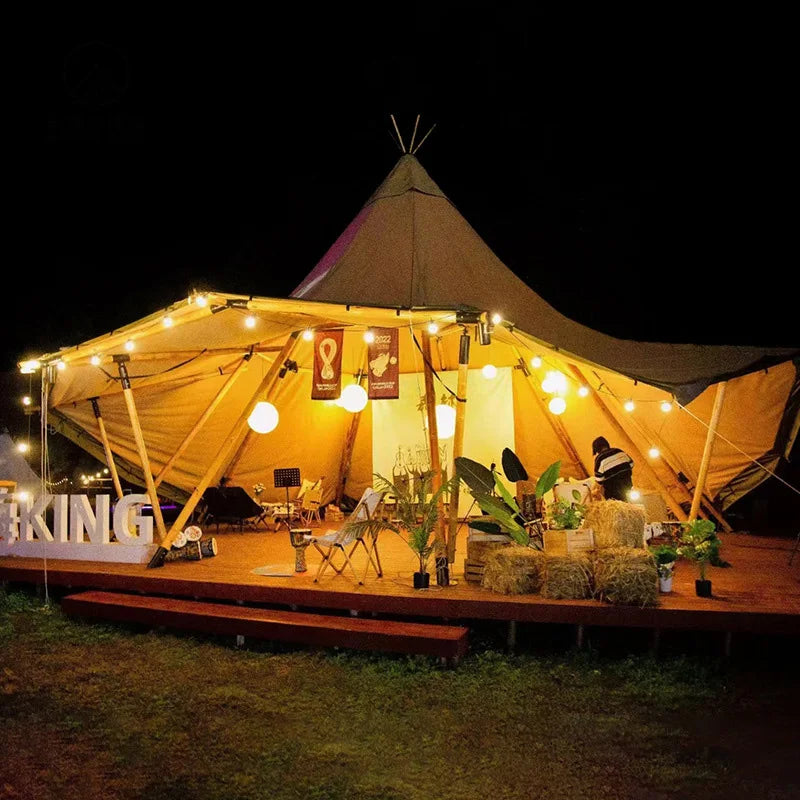 Tente Tipis nordique Tente de camping en plein air Célébration de mariage et d'événement Glamping Bois Toile chapeau Tipi yourte ronde Tailrace Wedlockers