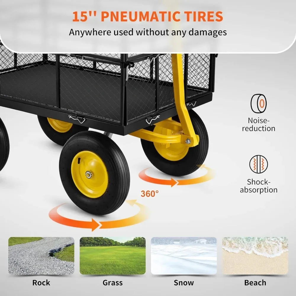 Wagon cart With Removable Mesh Sides to Convert Into Flatbed Camping Trolley Cart Heavy Duty 1400 Lbs Capacity Steel Garden Cart