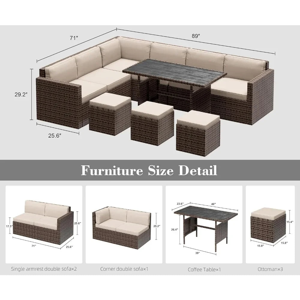 Ensemble de meubles de patio sectionnels pour meubles d'extérieur, ensemble de meubles de patio 7 pièces, ensemble d'extérieur en rotin PE toutes saisons avec coussins et table