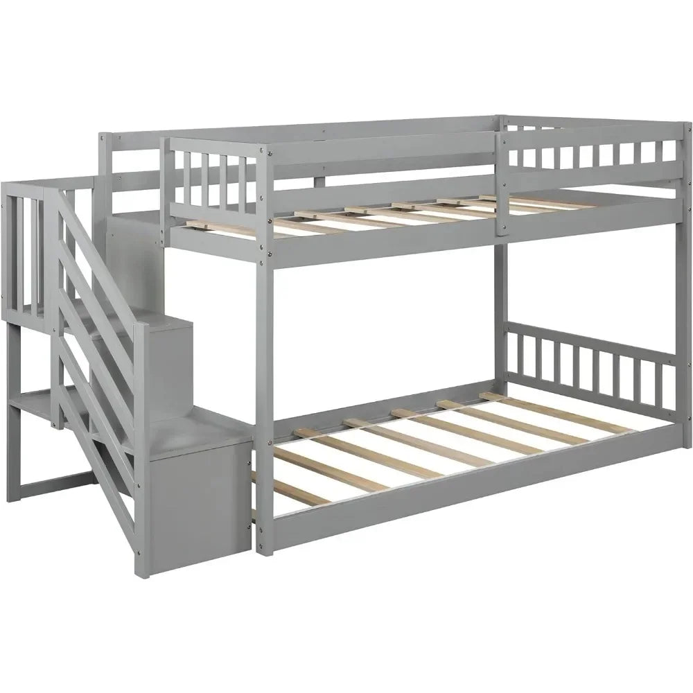 Bunk Bed with Storage Staircase, Twin Size Bunk Bed for Kids, Teens, No Box Spring Needed (Gray) furniture bedroom  kids bed