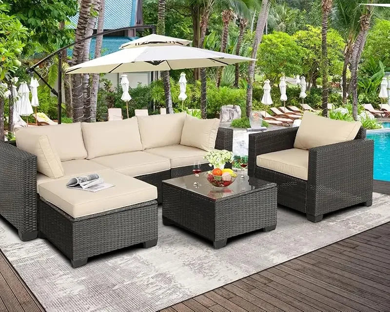 Q6 pieces set outdoor sectional wicker furniture patio couch with Ottoman for lawn, balcony, garden