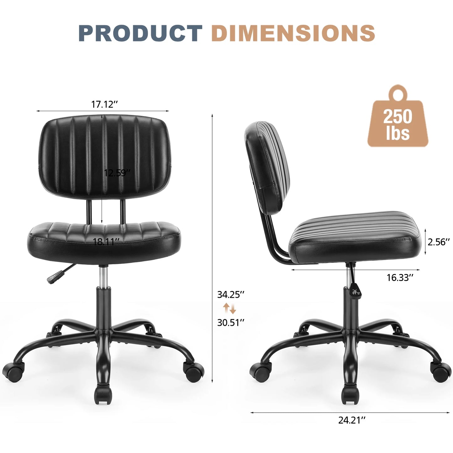 Silla de escritorio de oficina sin brazos JHK con respaldo y soporte lumbar, altura ajustable, silla de computadora de cuero PU con ruedas giratorias de 360°