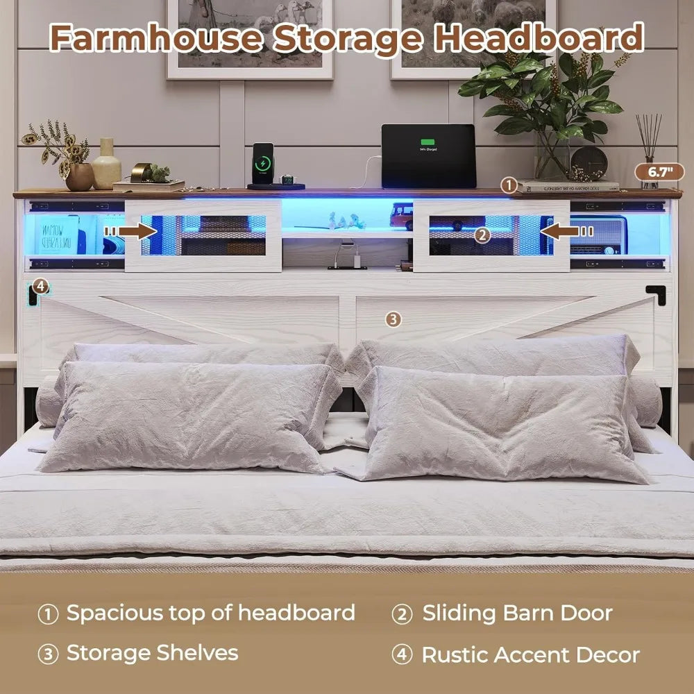 Bed Frame King Size with Bookcase Headboard and 2 Drawers, Wooden Platform King Bed with LED Lights and Charging Station