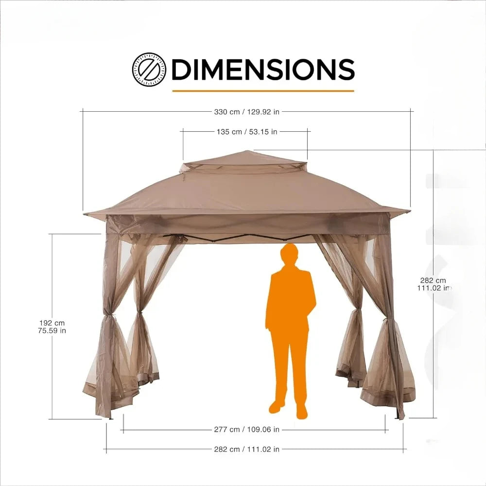 11x11 ft. Pop-Up Instant Gazebo, Outdoor Portable Steel 2-Tier Top Canopy/Tent with Netting and Carry Bag, Patio Umbrellas Tents