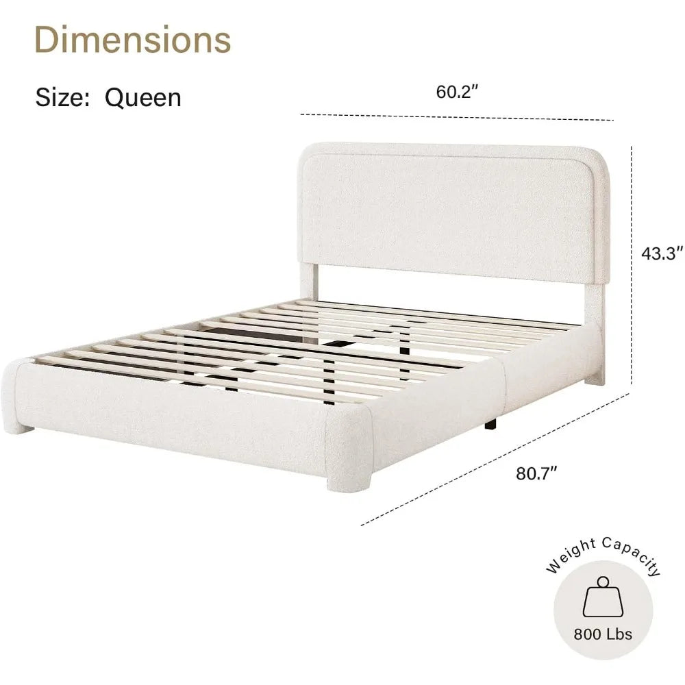 Queen Bed Frame, Boucle Upholstered Platform Bed Frame with Headboard, Soft Rounded Corners, No Box Spring Required