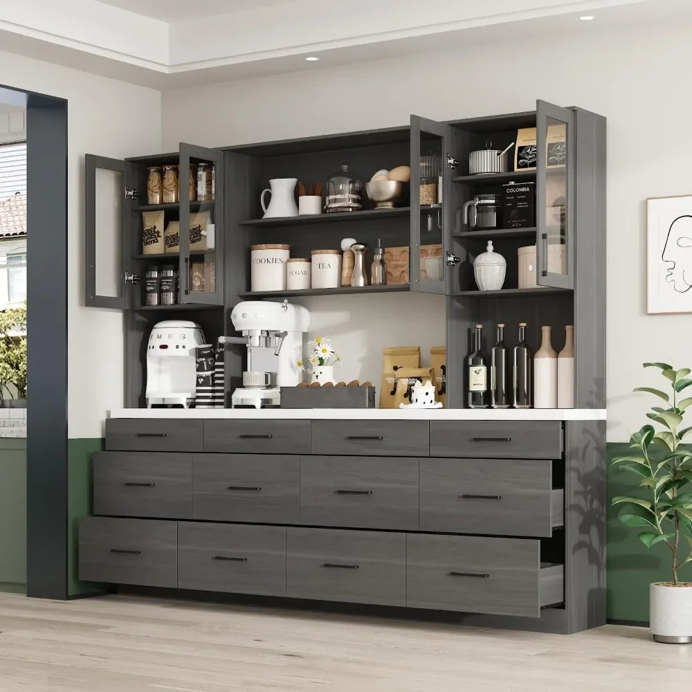 Garde-manger de cuisine avec comptoir, 12 tiroirs et 4 portes vitrées, armoire de rangement en bois avec 6 étagères cachées et 4 étagères ouvertes