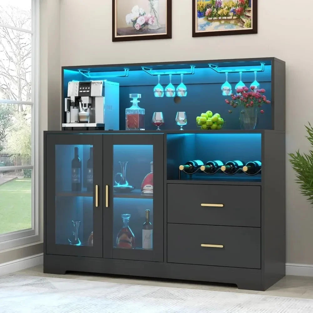 Wine Bar Cabinet with LED Light, Home Wine Cabinet with Wine and Glass Rack, Modern Liquor Cabinet for Living Room Dining Room