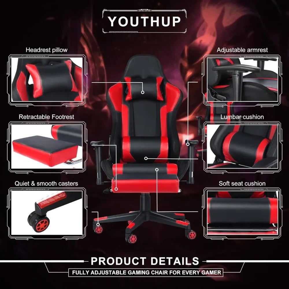 Red gaming chair with speaker, RGB LED lights, and rotatable footstool, with lumbar support headrest armrest,  GM