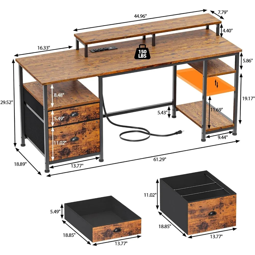 Bureau d'ordinateur avec prise de courant et ports USB, bureau d'étude avec classeur et long support pour écran, bureaux d'ordinateur