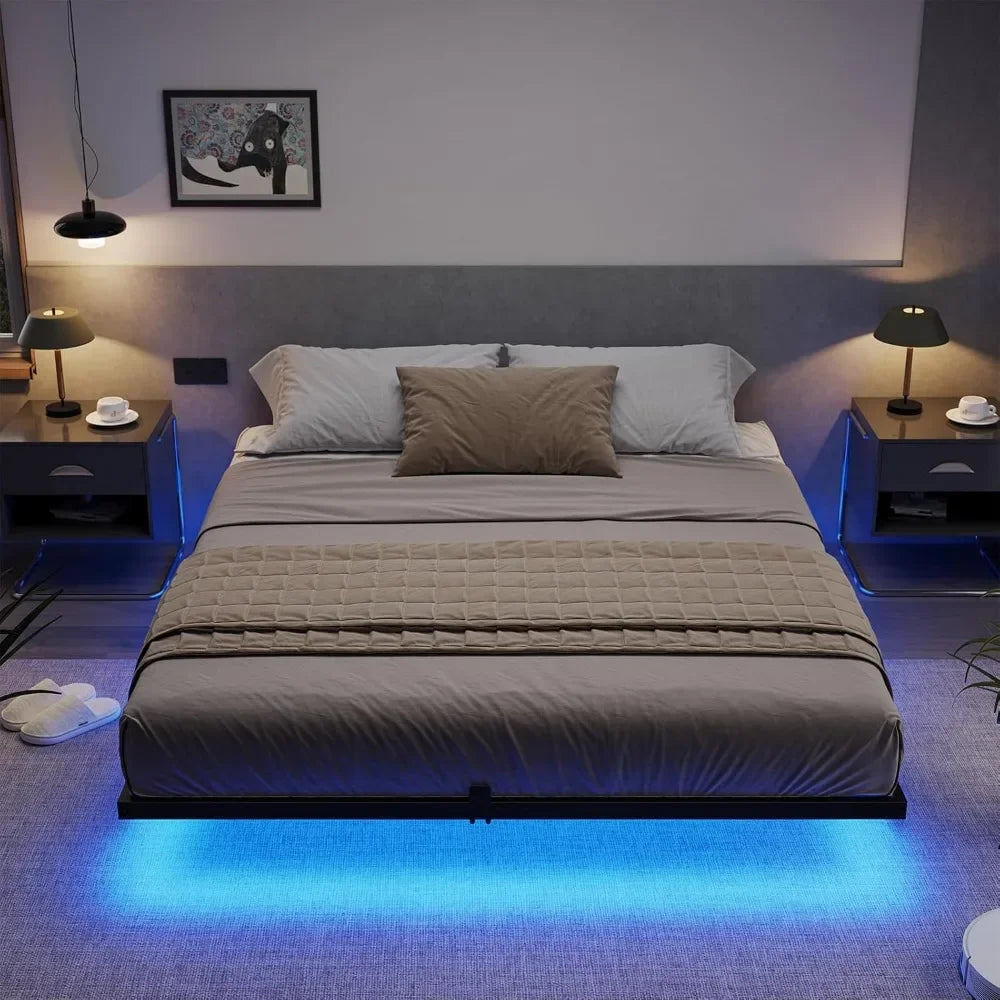 Queen Bed Frame with LED Lights, Metal Platform Bed with Heavy Duty Steel Slats and 4 Mattress Slide Stopper,Floating Bed Frame