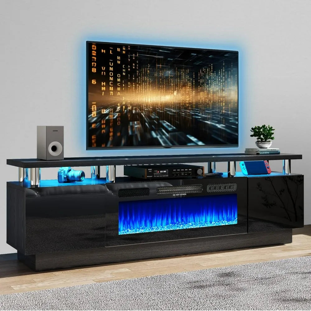 70" Electric Fireplace, LED Light Entertainment Center, 2 Tier Console Stand for TVs Up to 80", Black Modern TV Stand