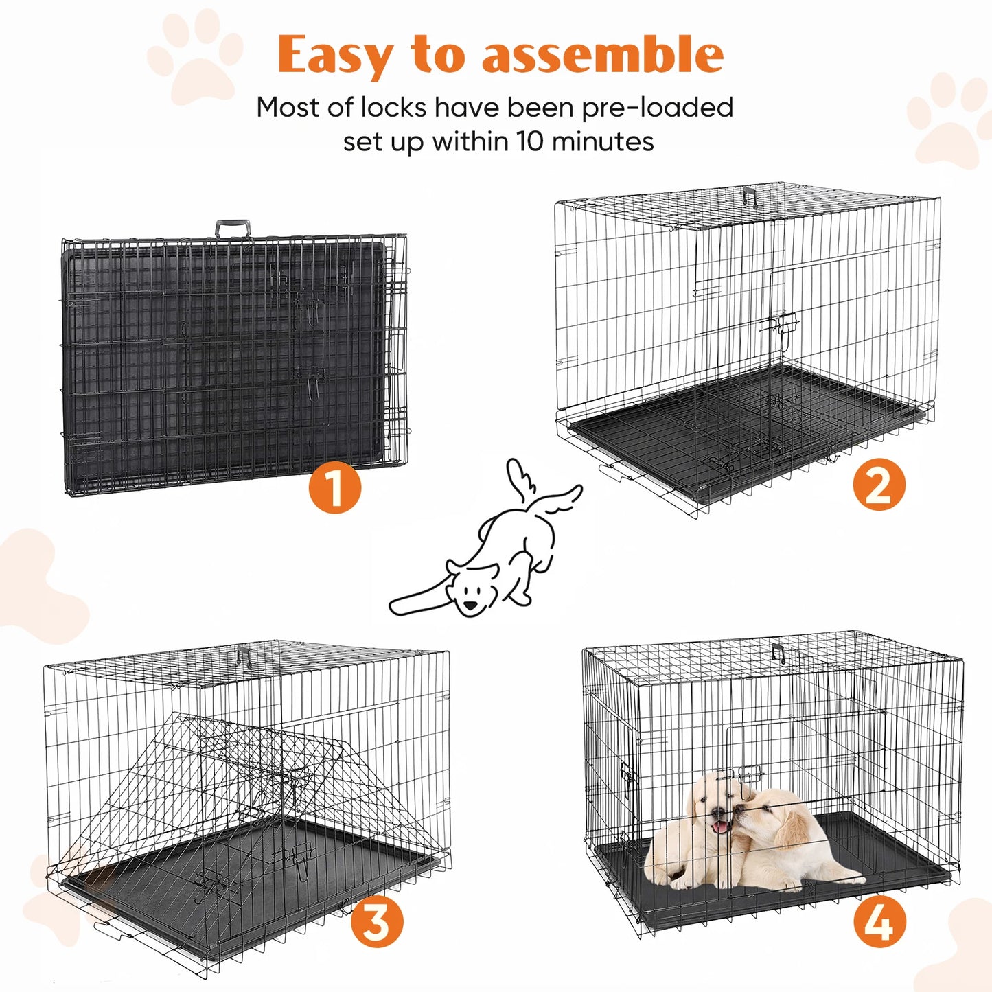 Cage pour chien pliable à double porte en fil métallique JHK avec plateau en plastique anti-fuite, niche extra large pour animaux de compagnie pour les voyages en intérieur et en extérieur