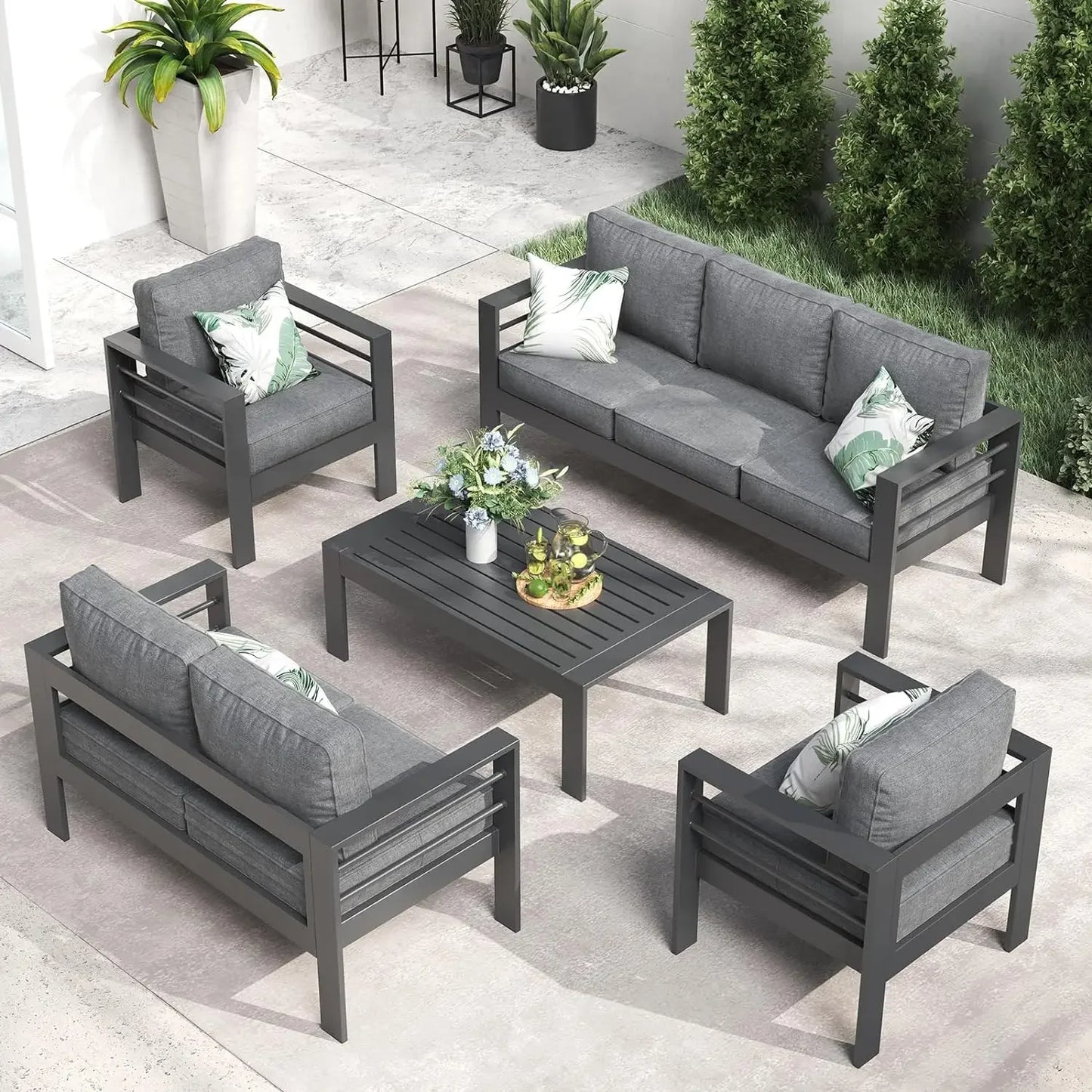 QLayinSun Aluminum Furniture with Fire Pit Table, 5 Pieces Patio Sectional Conversation Chat Sofa Modern Seating Set