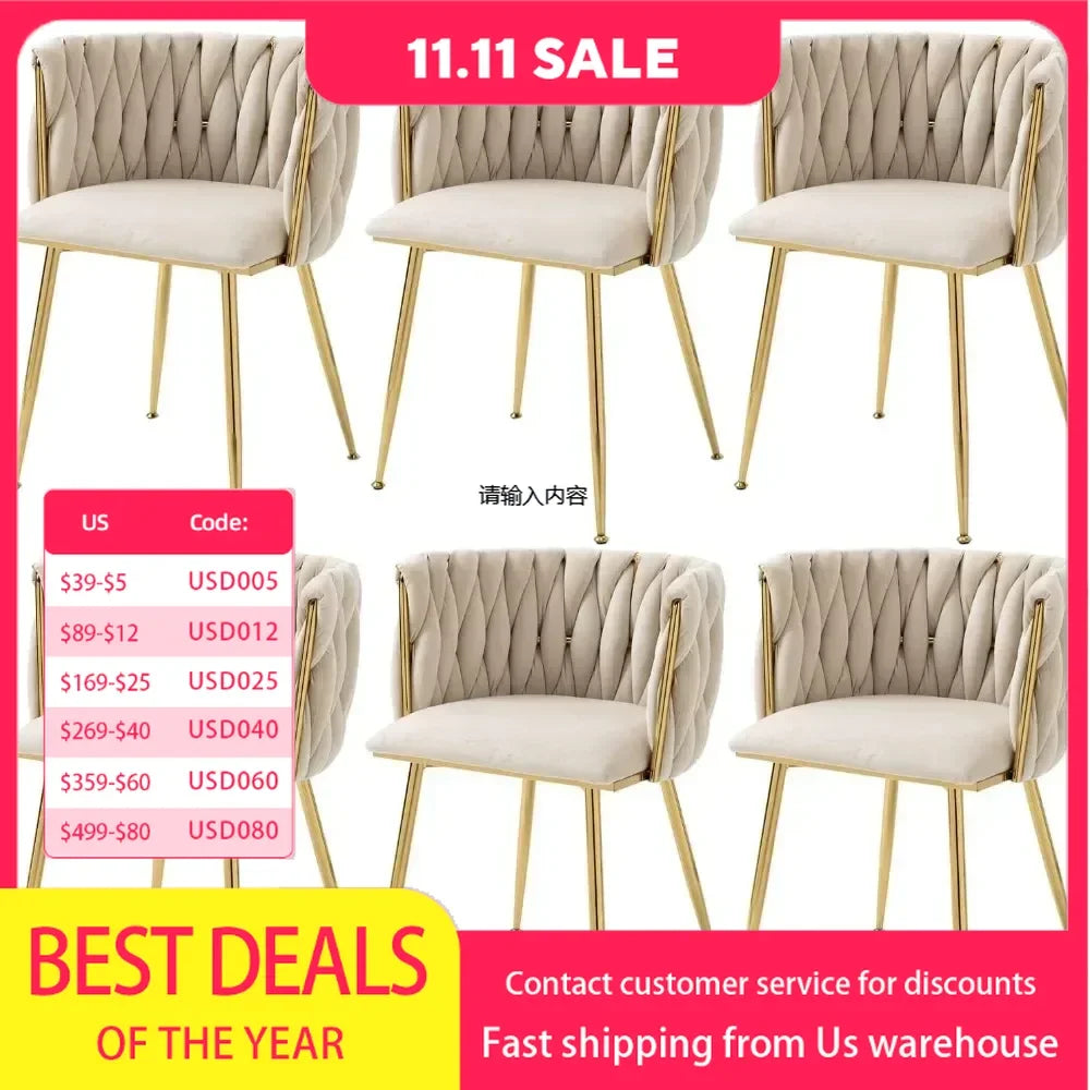 Woven Dining Chairs Set of 6, Velvet Upholstered Dining Chairs with Gold Metal Legs,Modern Accent Chairs(Beige)