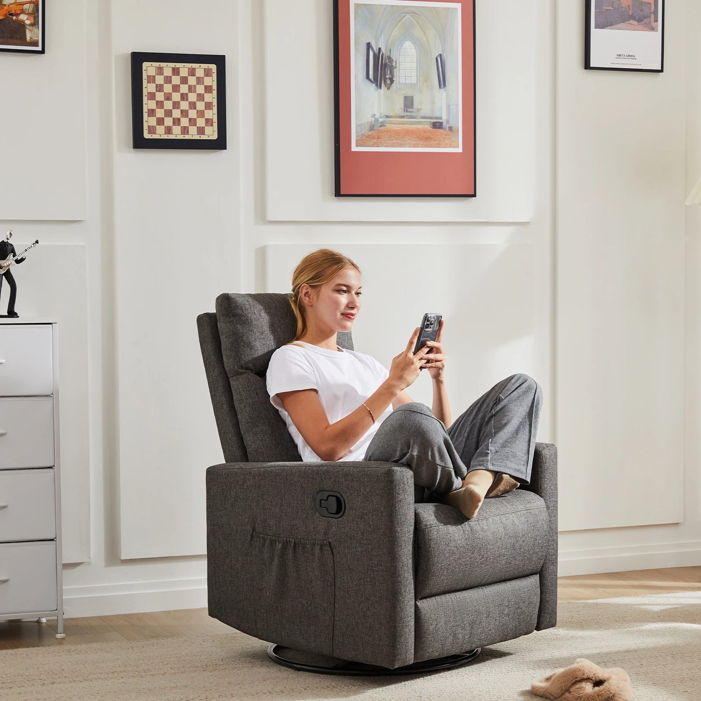 Rotating rocking chair recliner, glider baby chair with oversized foot pedals