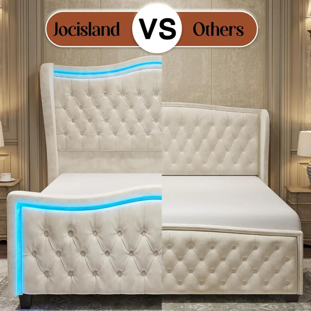 Queen Size Bed Frame with LED Lights, 53'' Upholstered Platform Wingback Bed with Handmade Deep