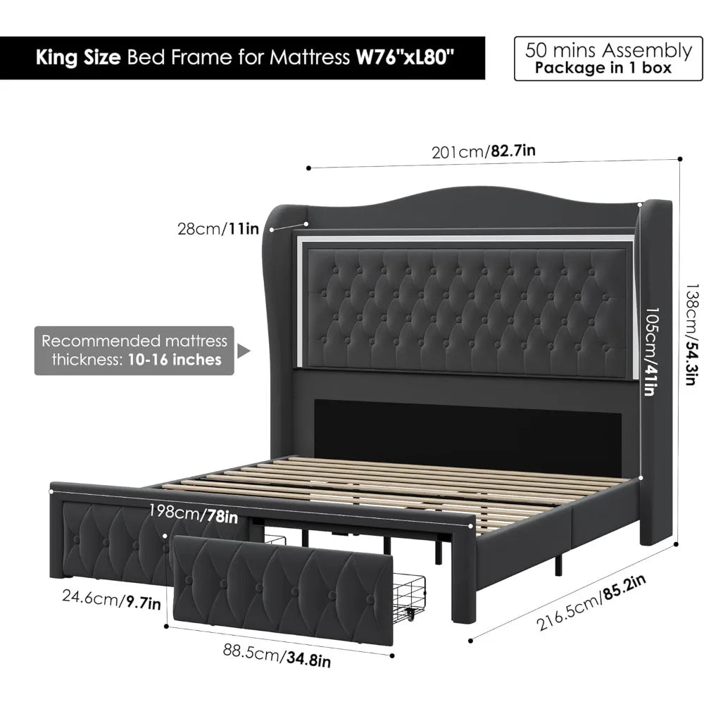 Cadre de lit king size, cadre de lit plateforme rembourré en velours capitonné avec boutons et 2 tiroirs de rangement