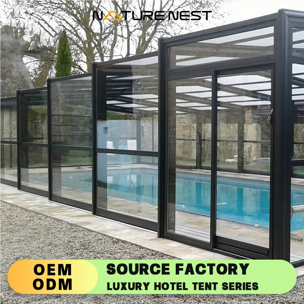 Sunroom Retractable Roof Glass Swimming Pool Cover Aluminum Alloy Mobile Roof prefab Wholesale Pagoda Gazebo Modern Balcony