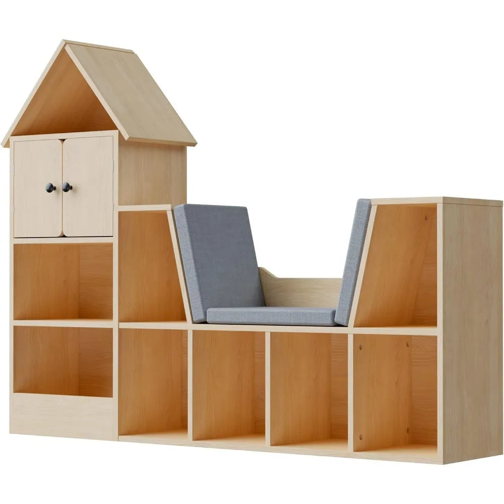 56.9" Wooden Kids Bookshelf with Reading Nook, Kids Bookcase with Detachable Cushions,Toy Storage Organizer with 9 Cubes