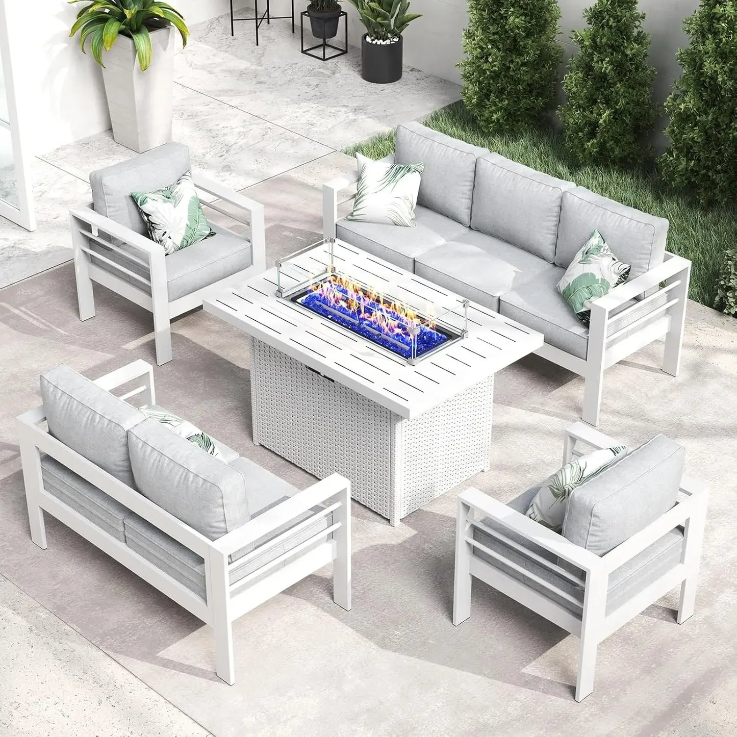 QLayinSun Aluminum Furniture with Fire Pit Table, 5 Pieces Patio Sectional Conversation Chat Sofa Modern Seating Set