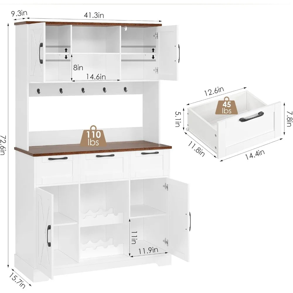 72" Tall Kitchen Pantry Storage Cabinet with Doors & Shelves & 3 Drawers, Farmhouse Kitchen Hutch Cabinet