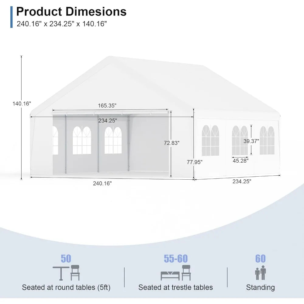 Canopy Tent 20x20 for Parties Heavy Duty Carport Large Portable Garage for Wedding, Party, Carport,Outdoor Activities ,White