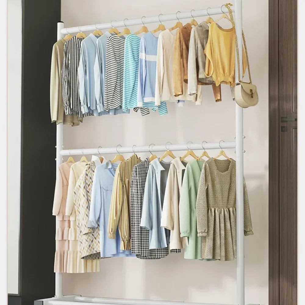 Simple Rolling Clothes Rack Floor Hanger Living Room Wardrobe Shoerack Shelves Double Layers Coat Hanger Stand Home Furniture