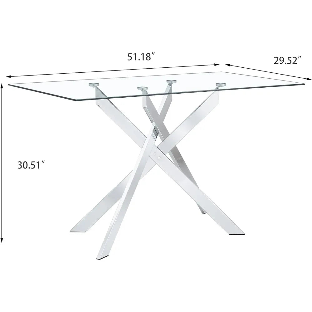 Table à manger en verre Tables de cuisine modernes avec plateau en verre pour 4 personnes avec pieds en métal chromé, table à manger rectangulaire de 51 po Table de cuisine