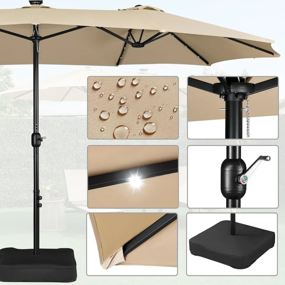 Grand parasol de terrasse avec 36 lumières LED/base incluse/manivelle pour patio, jardin, cour, piscine, 15 pieds