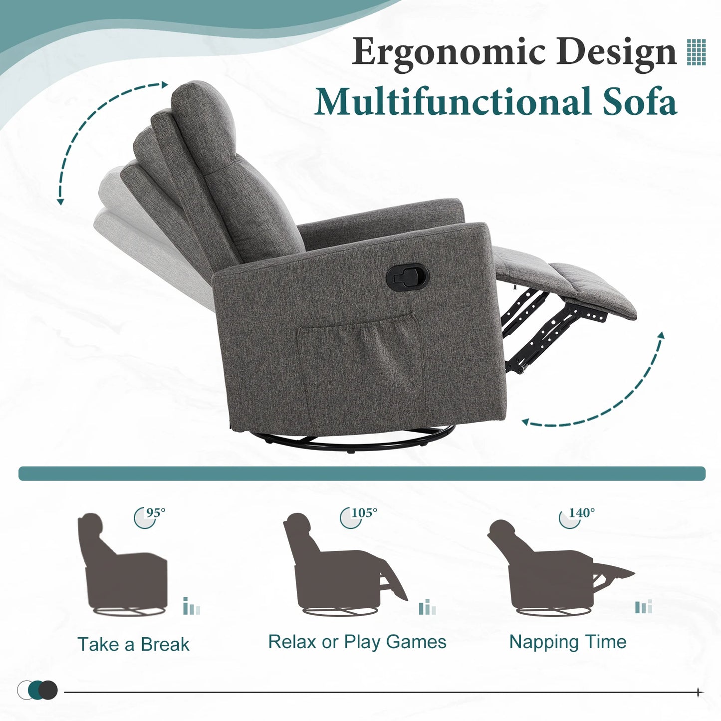 Sofá giratorio mecedor JHK para sala de estar, asiento tapizado manual, reclinable, ángulo ajustable con reposapiés extragrande para dormitorio