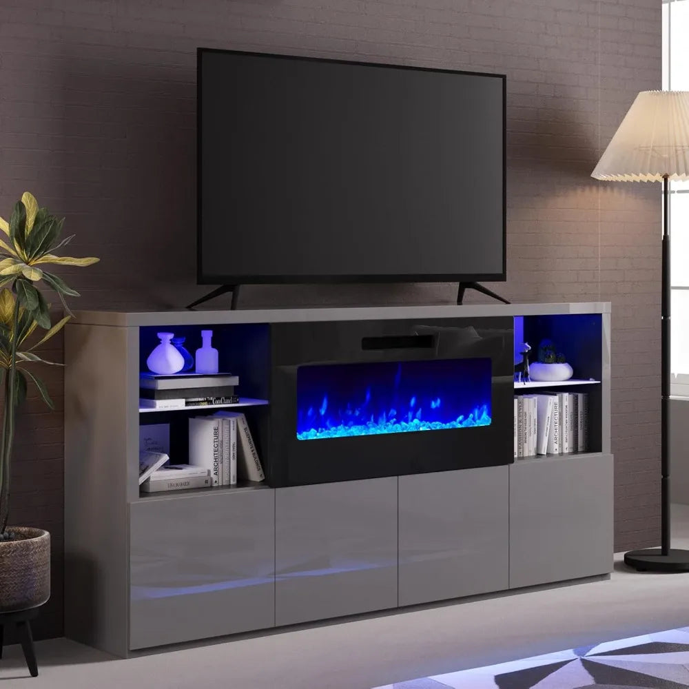 Meuble TV avec cheminée, centre de divertissement avec cheminée et lumières LED pour téléviseurs, meuble console TV avec support réglable