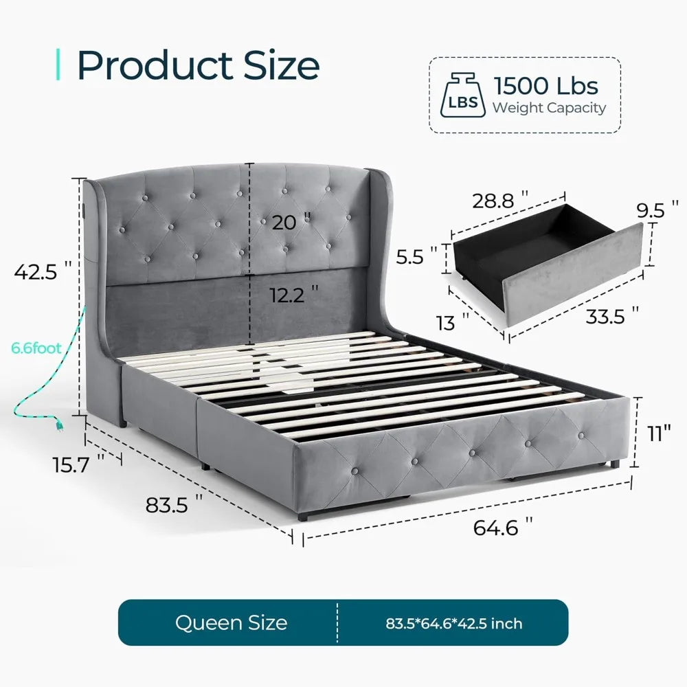 Bed Frame, Velvet Upholstered Bed Frame with RGB Lights & USB-C Charger, Platform Bed Frame Queen Size with StorageLM