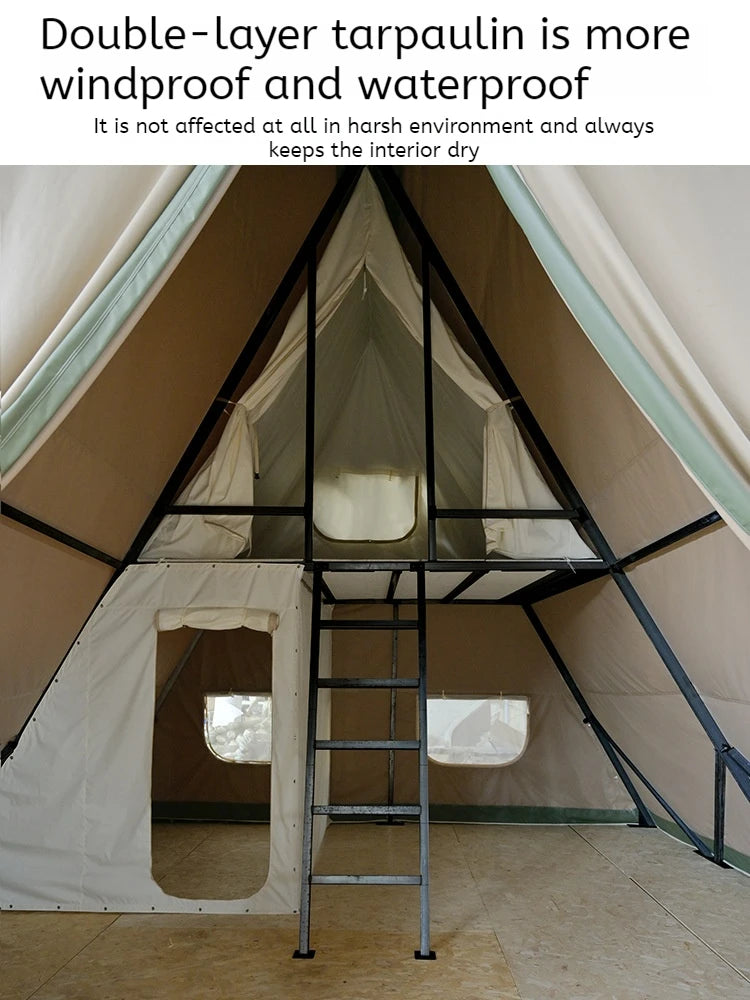 Triangular Oxford Double-layer Tent Galvanized Square Tube  Two Floor Villa Cabin Anti-light Luxury Rain Camping Tent Glamping