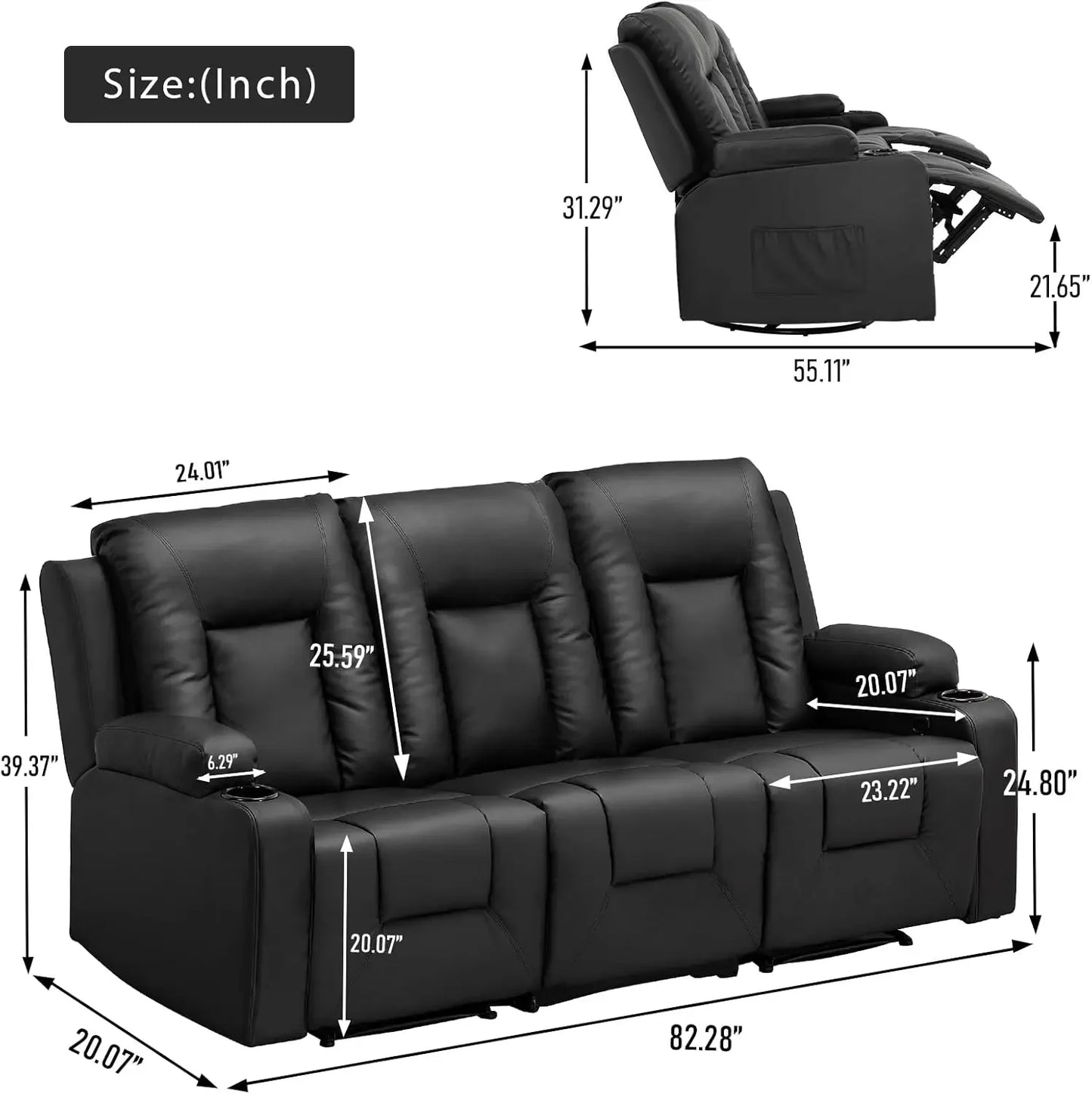 Recline Chair Set，Furniture 2PC Bonded Leather Recliner Set Living Room Set Sofa Loveseat BlackLiving Room Set 3+2