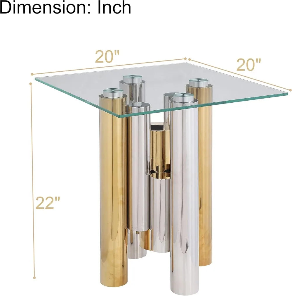 Mesa auxiliar de vidrio transparente con base irregular de acero inoxidable dorado y plateado Mesa auxiliar rectangular de lujo para sofá