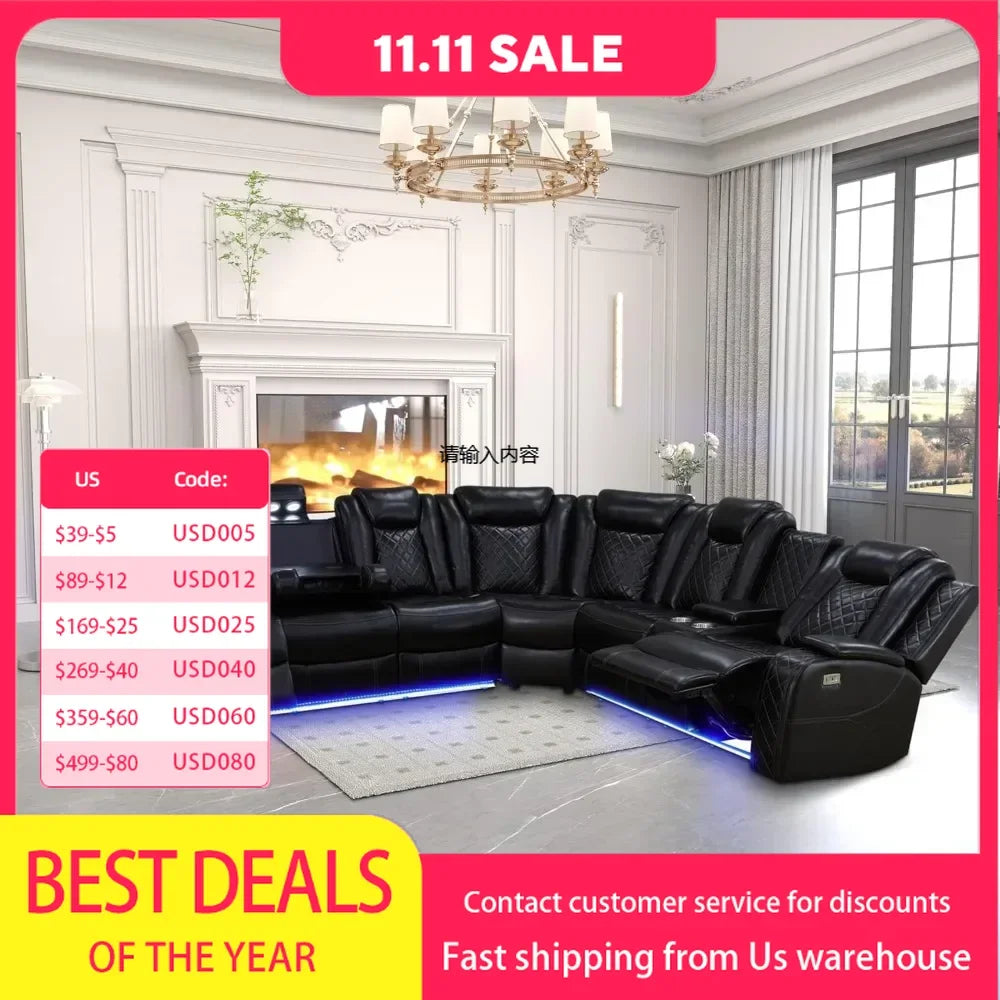 recliner，Leather Power Recliner Sectional Sofa with LED, Power Reclining Sectional Couch, Breathing Leather Sofa Couch