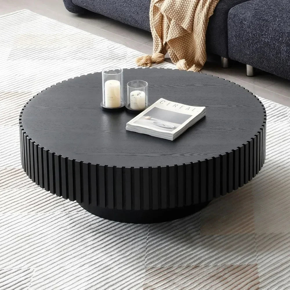 31.49'' Round Coffee Table Wood End Table for Living Room, Modern Contemporary Circle Fluted Drum Side Table,Café Furniture