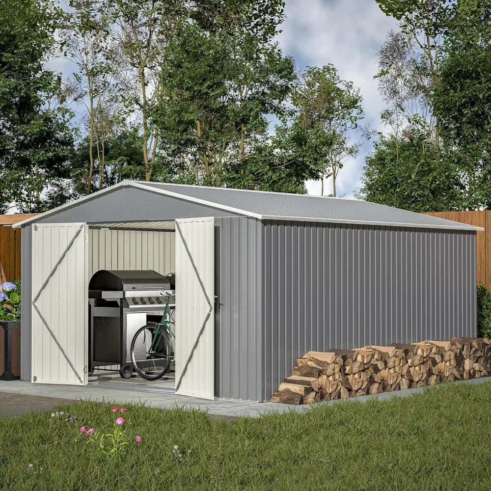 11' x 13' Outdoor Metal Storage Shed with Floor Frame Base, Galvanized Steel Garden Shed with 4 Vents