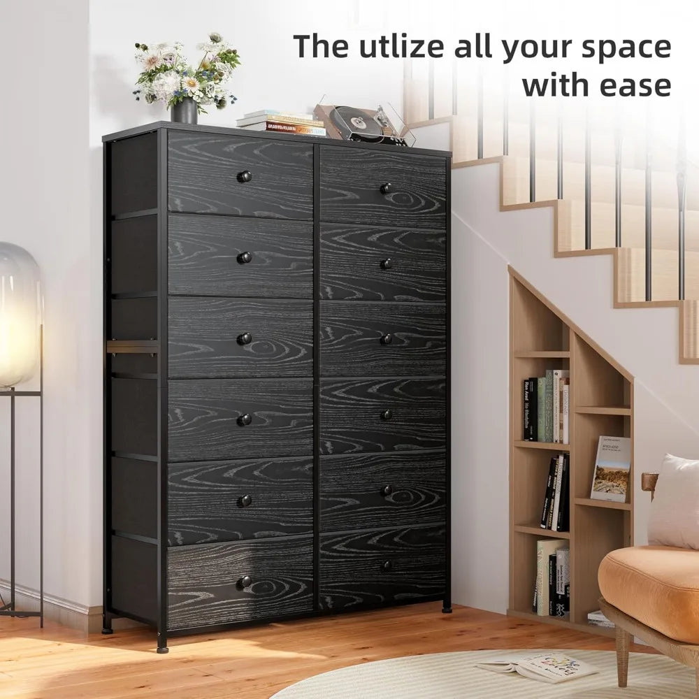 12 Drawer Black Dresser & Chest of Drawers for Closet Hallway, Bedroom Furniture with Wooden Top and Metal Frame Veins