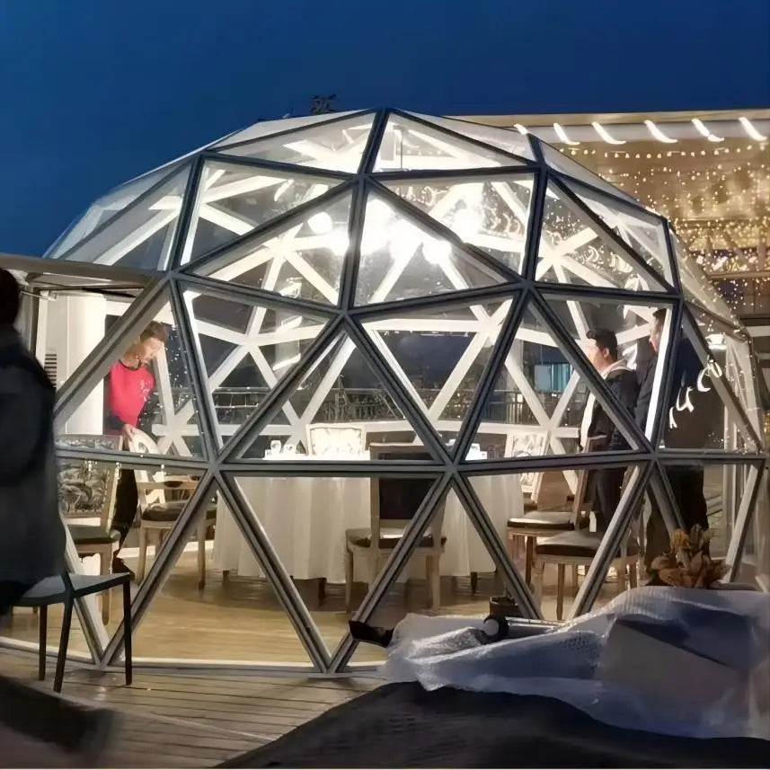 Dôme géodésique en verre transparent avec isolation, 2 pièces, structure en alliage d'aluminium pour l'aviation, tente igloo pour chambres d'hôtel