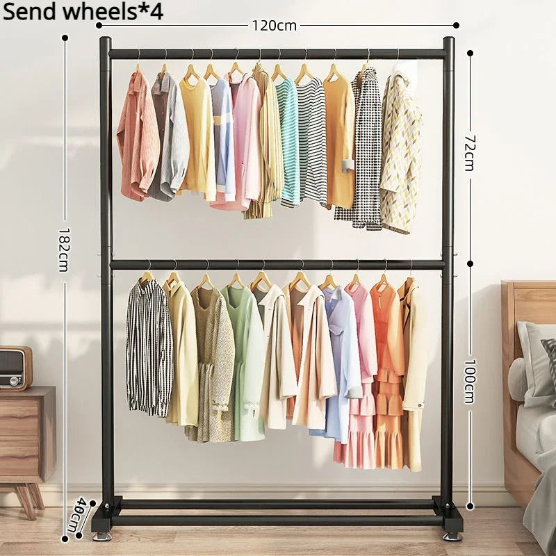 Simple Rolling Clothes Rack Floor Hanger Living Room Wardrobe Shoerack Shelves Double Layers Coat Hanger Stand Home Furniture