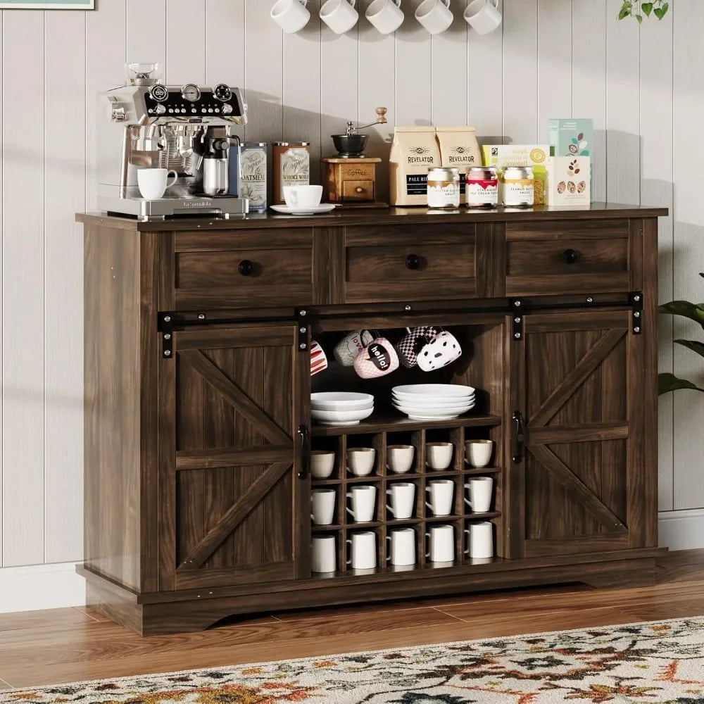 Mueble bar de café estilo granja con espacio de almacenamiento, mueble buffet de 54 pulgadas con 3 cajones, mueble bar para vinos, muebles de bar para el hogar