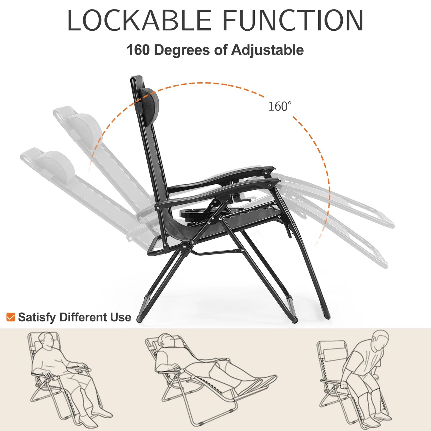 JHK Zero Gravity Lot de 2 chaises longues inclinables portables pour camping, terrasse, extérieur, avec porte-gobelets, plateaux, oreiller réglable