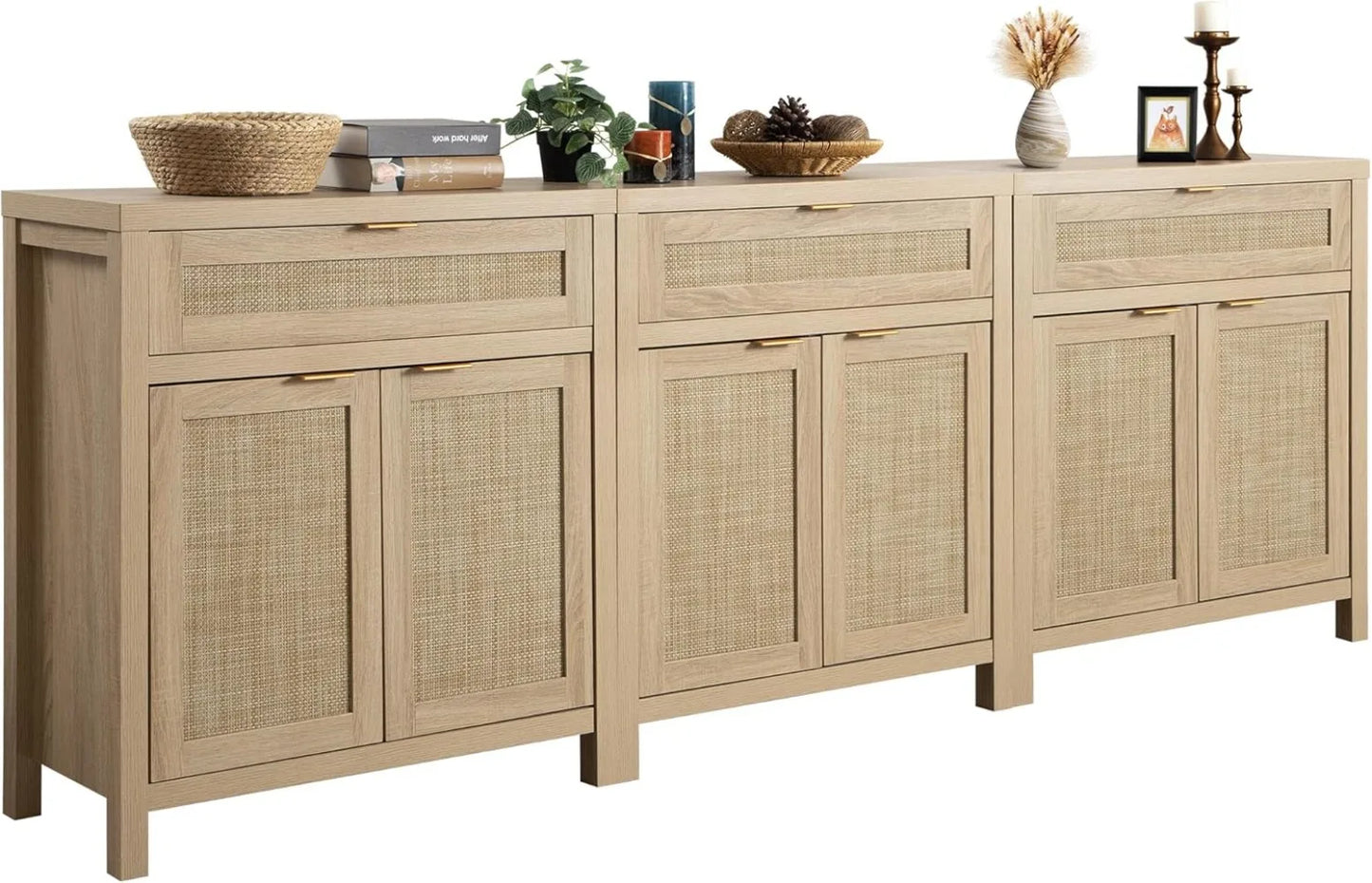 Rattan Credenza Storage Cabinet Buffet Table Console Cabinet with Drawer, Farmhouse Coffee Bar Cabinet for Entryway