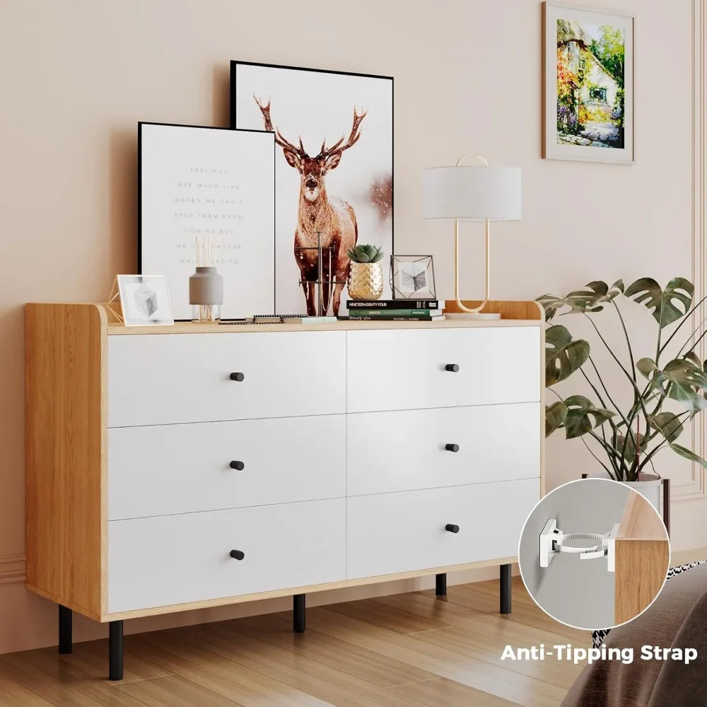 Dresser with 6 Drawers and Metal Handle,Sturdy Frame Modern Bedroom Furniture, Chest of Drawers, White Dressers with Drawers