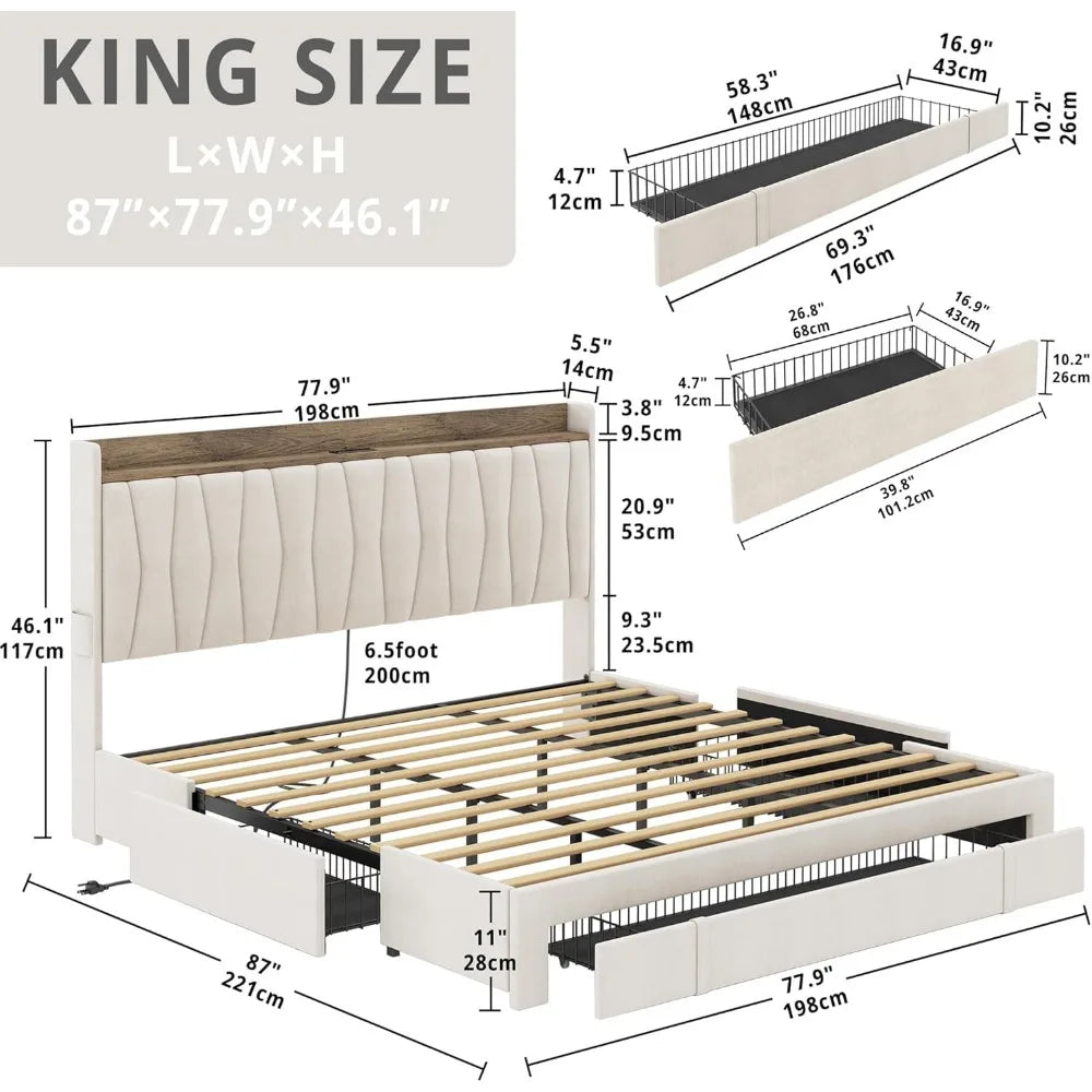 Bed Frame with 3 Drawers, Upholstered Platform Bed with Storage Headboard and Charging Station, No Box Spring NeededLM