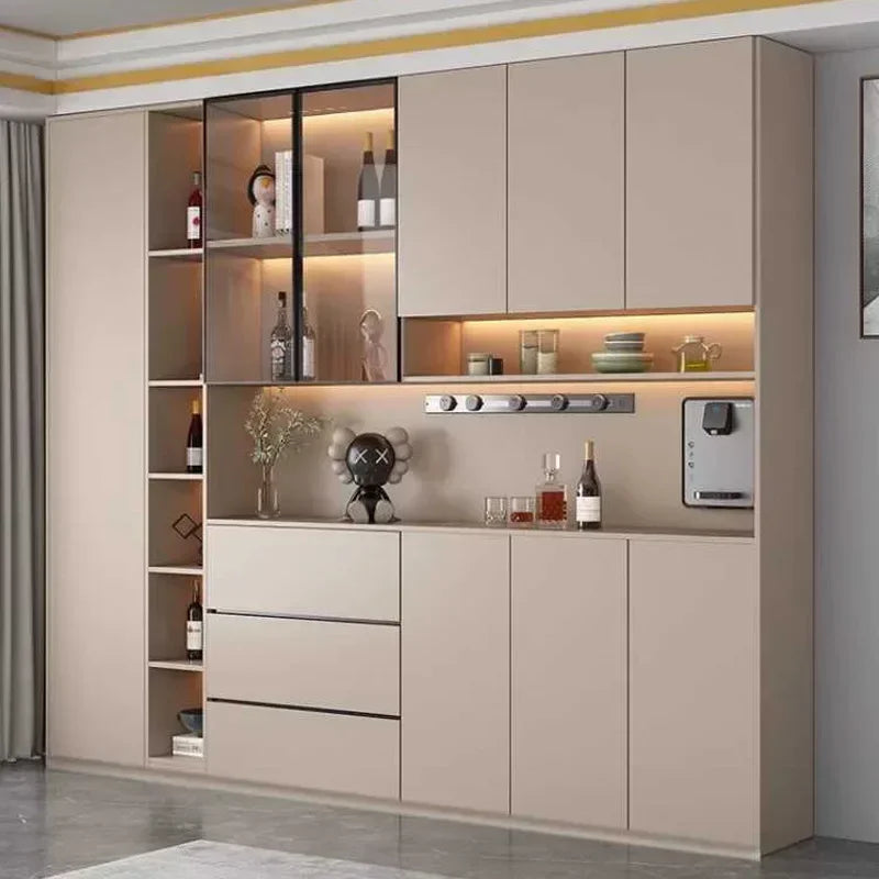 Grande armoire de cuisine moderne, buffet de rangement, garde-manger de cuisine autonome avec portes et tiroirs en verre, buffet