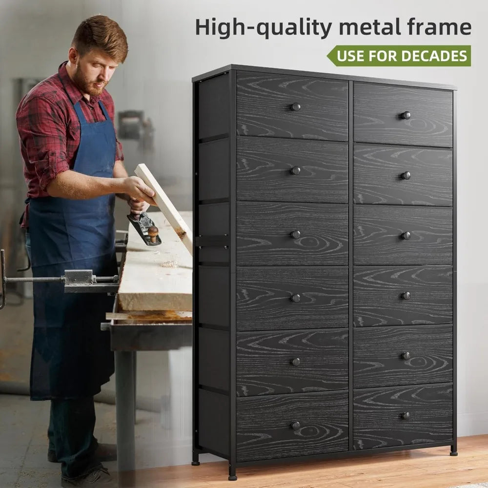 12 Drawer Black Dresser & Chest of Drawers for Closet Hallway, Bedroom Furniture with Wooden Top and Metal Frame Veins