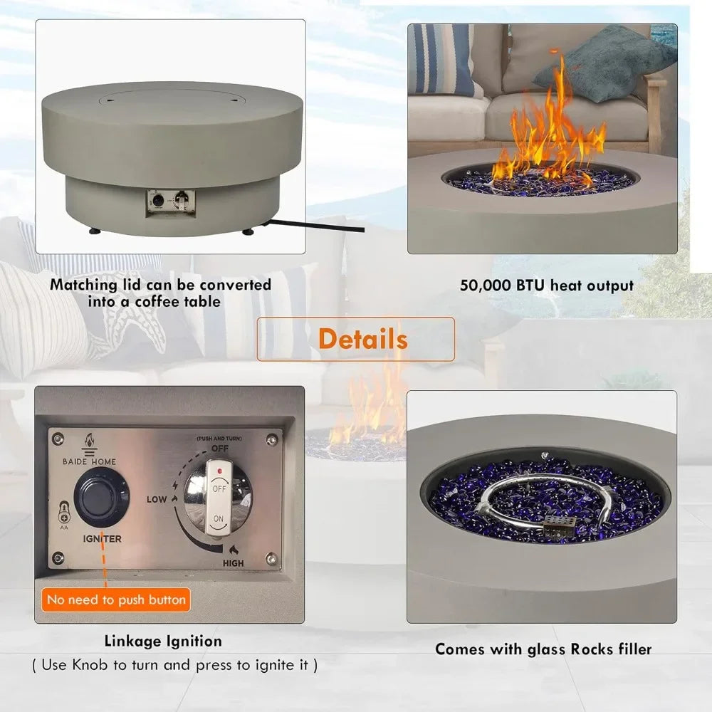 Propane Outdoor Fire Pit Table, Flint & Concrete Look 33-inch Round Patio Gas Fire Table 50,000 BTU w/Lid, Fire Glass